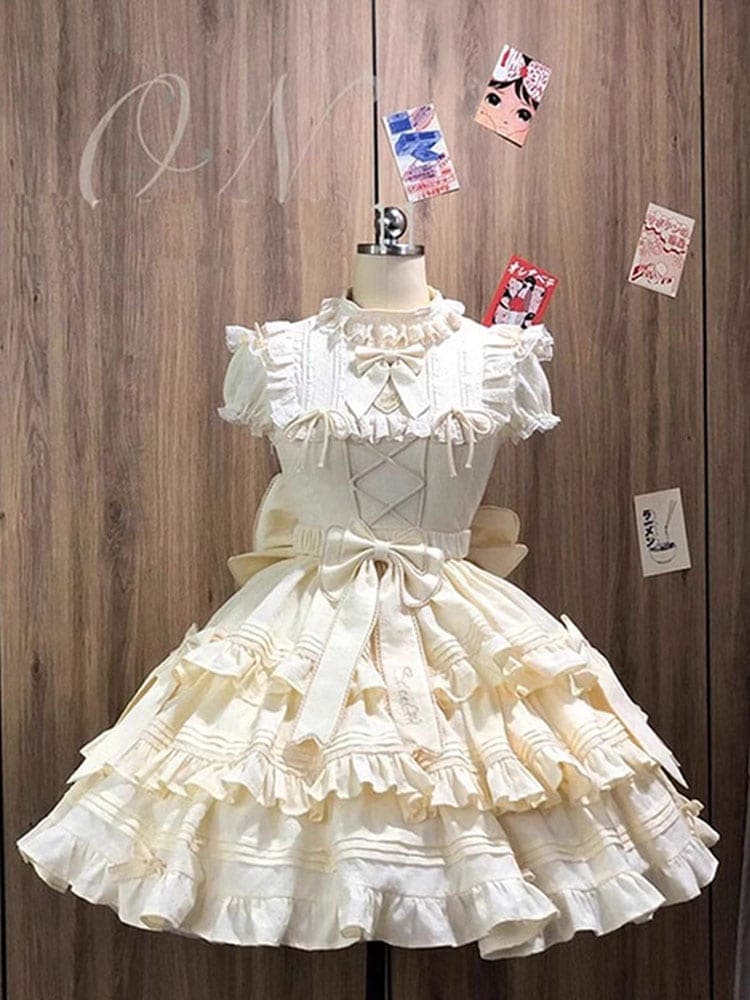 ロリータ ワンピースクリーミーイエローロリータウェディングopトレーリングリボンスイート逃亡プリンセスドレスイブニングドレスロリータ 母の日 プレゼント 8,736円