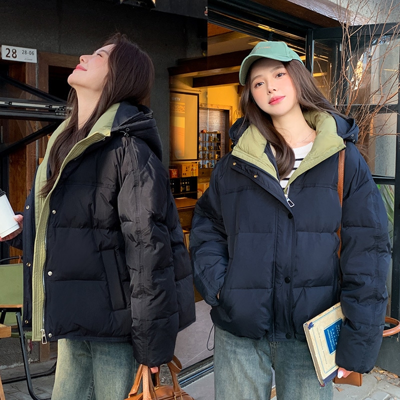 リバーシブルの新しい韓国スタイルのカジュアルなコントラストカラーのブレッドジャケットファッショナブルな質感暖かいフード付きルーズダウンコットンジャケット 5,560円