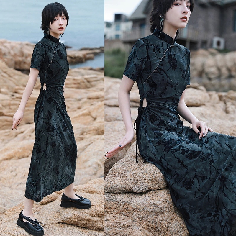 チャイナドレス ロング 半袖 レトロチャイナ風ワンピース セクシー ブルー 腰あき 金属ボタン 腰括れ ベルベット コンシールファスナー付き