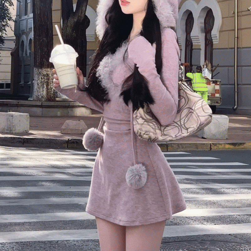 韓国スタイル かわいい キチ ポムポム フード ワンピース (2color) 4,779円