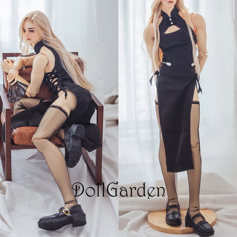 BJD ドール服 セクシーチャイナドレス+靴下+インナーショートパンツ 黒 ID75サイズ球体関節人形用衣装セット ドールウェア