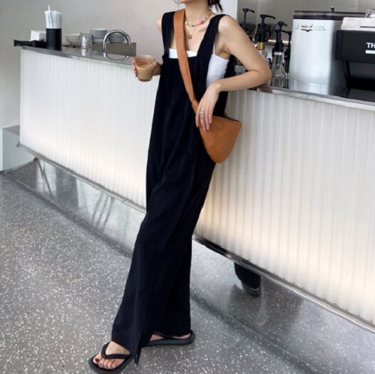 【取寄：納期2週間】オールインワン レディース ボトムス ジャンプスーツ 夏 カジュアル ワイドワイド パンツ ブラック 無地 大きいサイズ 体型カバー サロペット 夏新作 ゆったり オールインワン