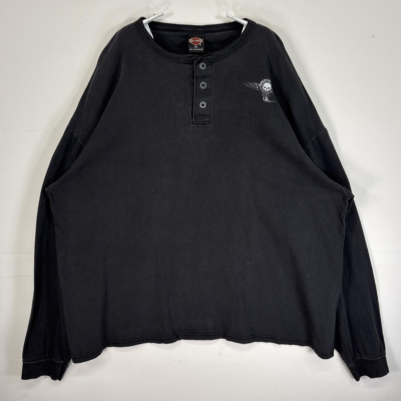 古着 00’s/00年代 長袖Tシャツ ヘンリーネック 両面 ラバープリント USA製 3XL ブラック メンズ