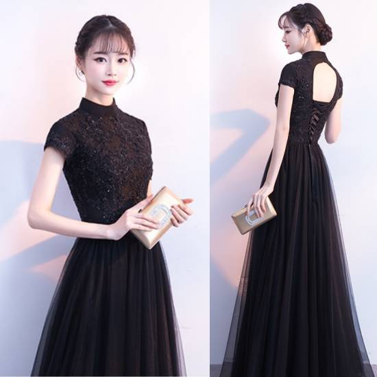 【急速出荷】ドレス レディース 食事会 フォーマル ゲスト ブラックドレス ロング 半袖 スタンドカラー ビジュー フレア 大きいサイズ 10代 20代 30代 大きいサイズ