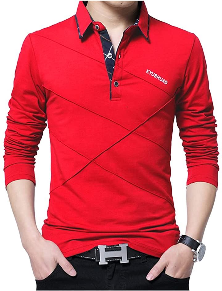 スリージョイ ポロシャツ 長袖 トップス シンプル ゴルフウェア 襟付き カジュアル 春秋 メンズ(レッド, 2XL)