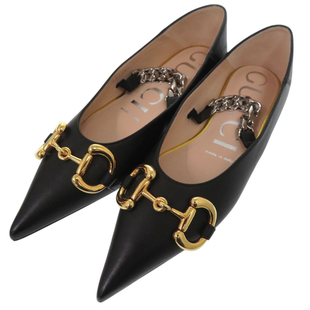 未使用品 チェーン ポインテッドトゥ フラットシューズ ホースビット 621161 パンプス レザー/レザー ブラック 0426【中古】 レディース