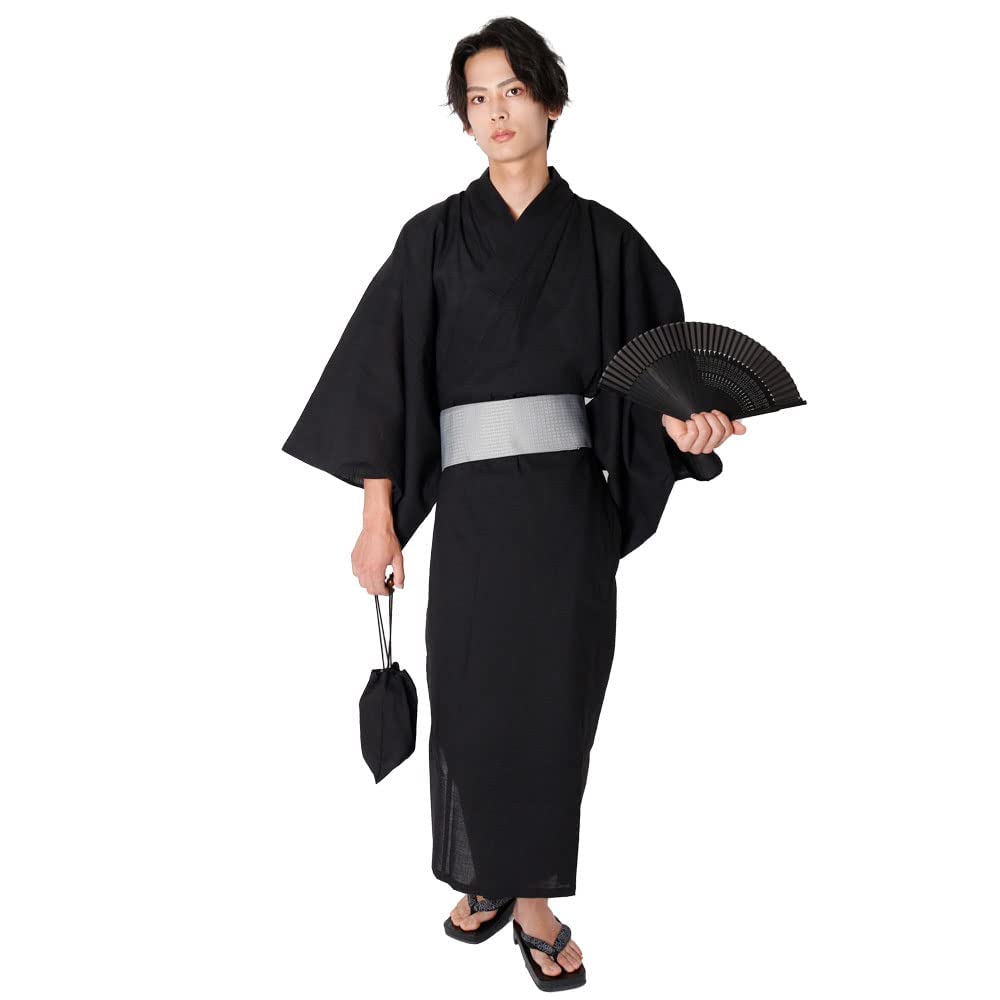 [GRADE] 浴衣 メンズ 「上品さを魅せる浴衣」 6点セット (帯 内帯 巾着 扇子 下駄) ワンタッチ帯 セット (M, 黒しじら)