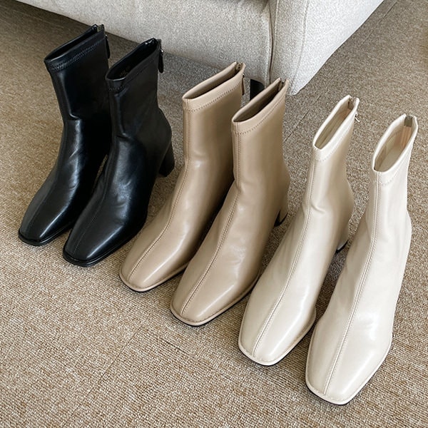 ショートブーツ スクエアトゥ バックジップ レディース 黒 白 ブラック ベージュ ホワイト