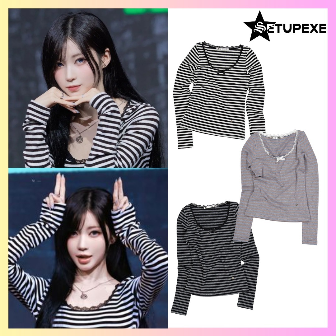 [BABYMONSTER アサ着用] STRIPE LACE TOP - 3 Colors + FREE OMAKEE レディース 長袖Tシャツ ロンT レディース