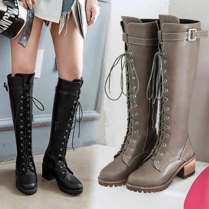 ブーツ レディース レースアップ エンジニア ロング 編み上げ サイドジッパー ベルト ブラック グレー ブラウン グリーン【6cm身長UP】 5,217円