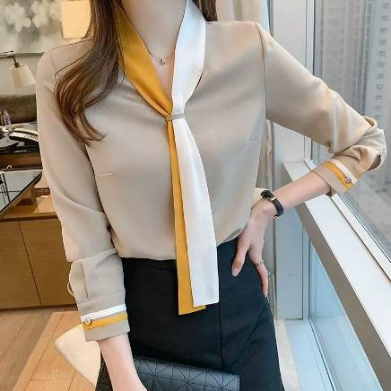 ネクタイシャツ トップス シャツ ミディアム丈 袖あり 長袖 Vネック 襟なし シフォン かわいい 大人可愛い きれいめ シンプル 大人 上品 おしゃれ お洒落 アジアン エスニック エキゾチック 大