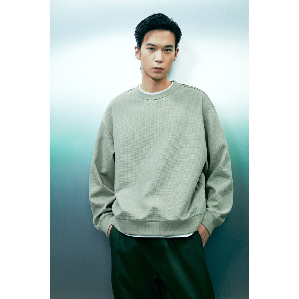 H&M ルーズフィットワッフルテクスチャースウェットシャツピスタチオグリーン