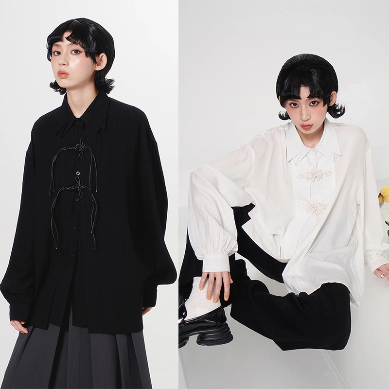 【快速出荷】チャイナ風シャツ レディース チャイナボタン シャツブラウス 長袖 ディテールシャツ フリンジ 黒 白