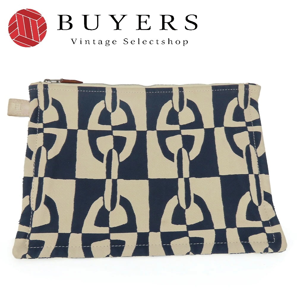 中古 ポーチ トゥルースフラットGM シェーヌダンクル キャンバス ネイビー アイボリー シルバー金具 クラッチバッグ 化粧ポーチ レディース 女性