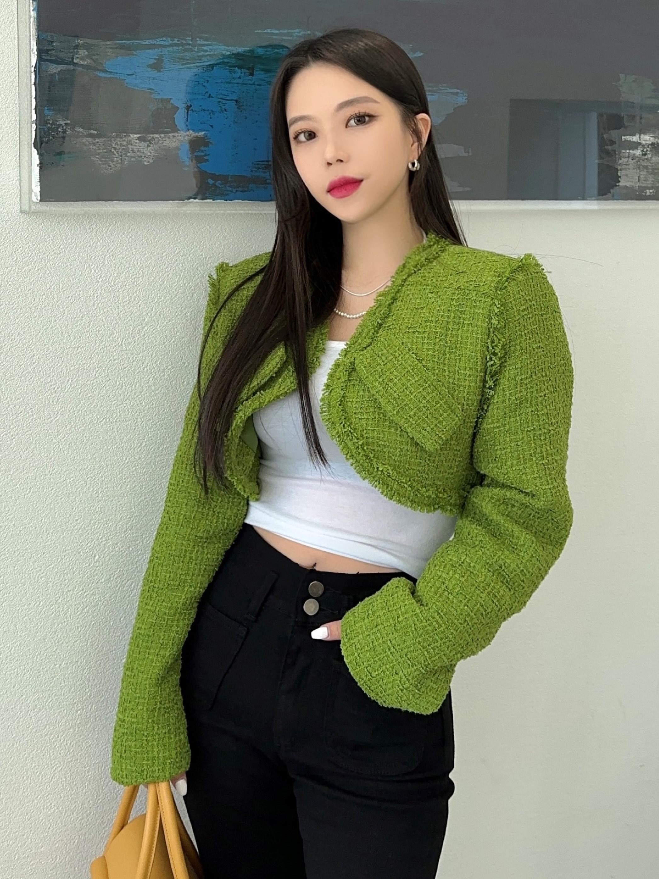 [ユニーク/フィット保障] 女性 スプリング ポケット ツイード ボレロ クロップ ジャケット