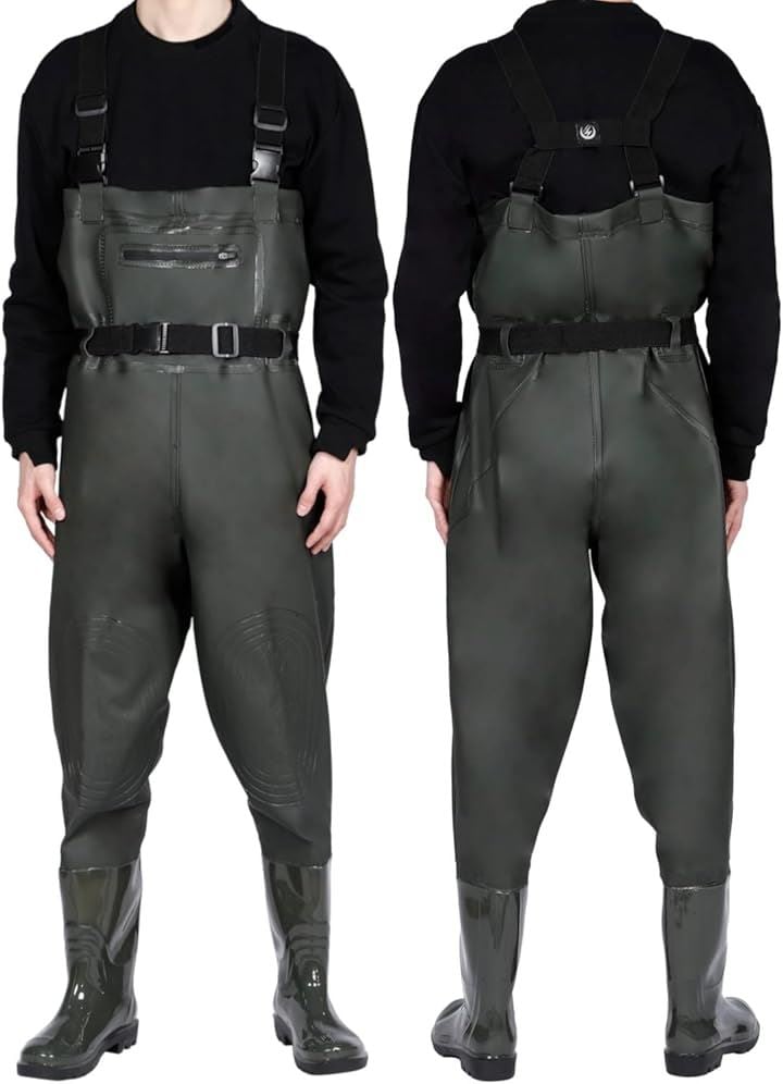 ウェーダー 釣り 胴長 長靴 ヒザ補強・簡単脱着・動きやすい ラジアルソール 防水 丈夫 チェストハイ フィッシングウェーダー(ダークグリーン, 25cm～26cm)