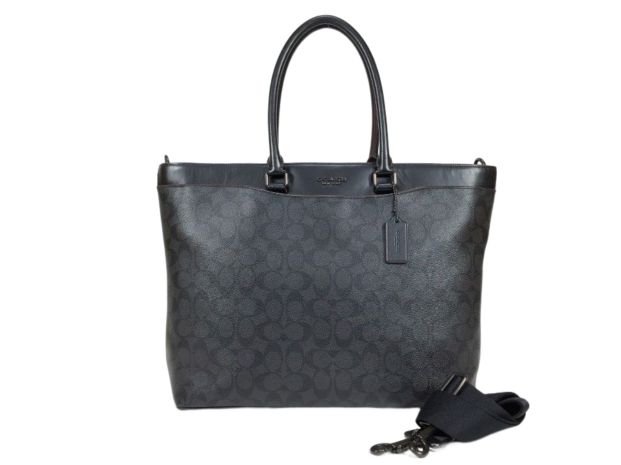 COACH コーチ トートバッグ 2way ショルダーバッグ シグネチャー レザー ブラック 【中古品】