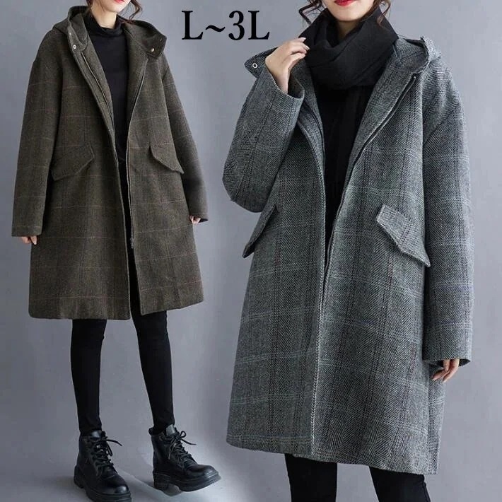 コート　レディース　フーデットコート グレンチェックコート　フード付き フードコート アウター ロング　チェック柄 大きいサイズ　チャック　秋冬 L　LL　3L今日は30パーセント