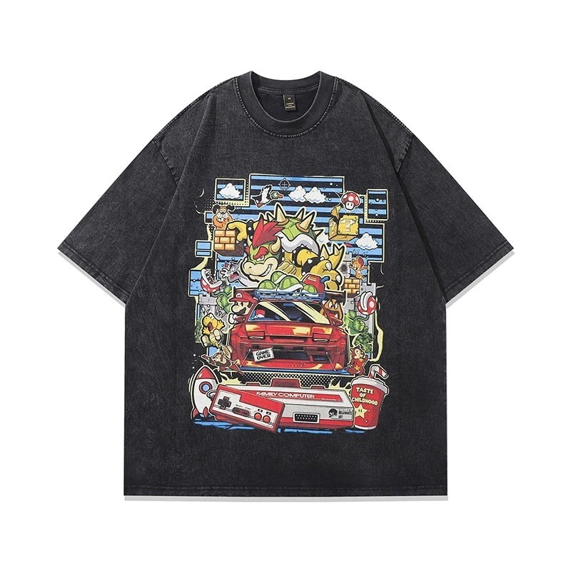 ヒップホップトレンディなブランド甘くてクールな漫画プリントのレトロな半袖Tシャツ男性と女性用ウォッシュ加工とダメージ加工の半袖カジュアルボトムTシャツ