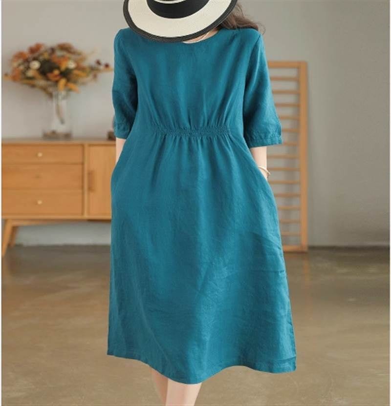 ママ こなれ感 普段使い Aライン 5分袖 ラウンドネック カラバリ 夏10代 ミモレ丈 きれいめ ウエストギャザー 体型カバー 20代 フレアワンピース 学生 ラフ 着回し ワンピース い 半袖 シ 8,167円