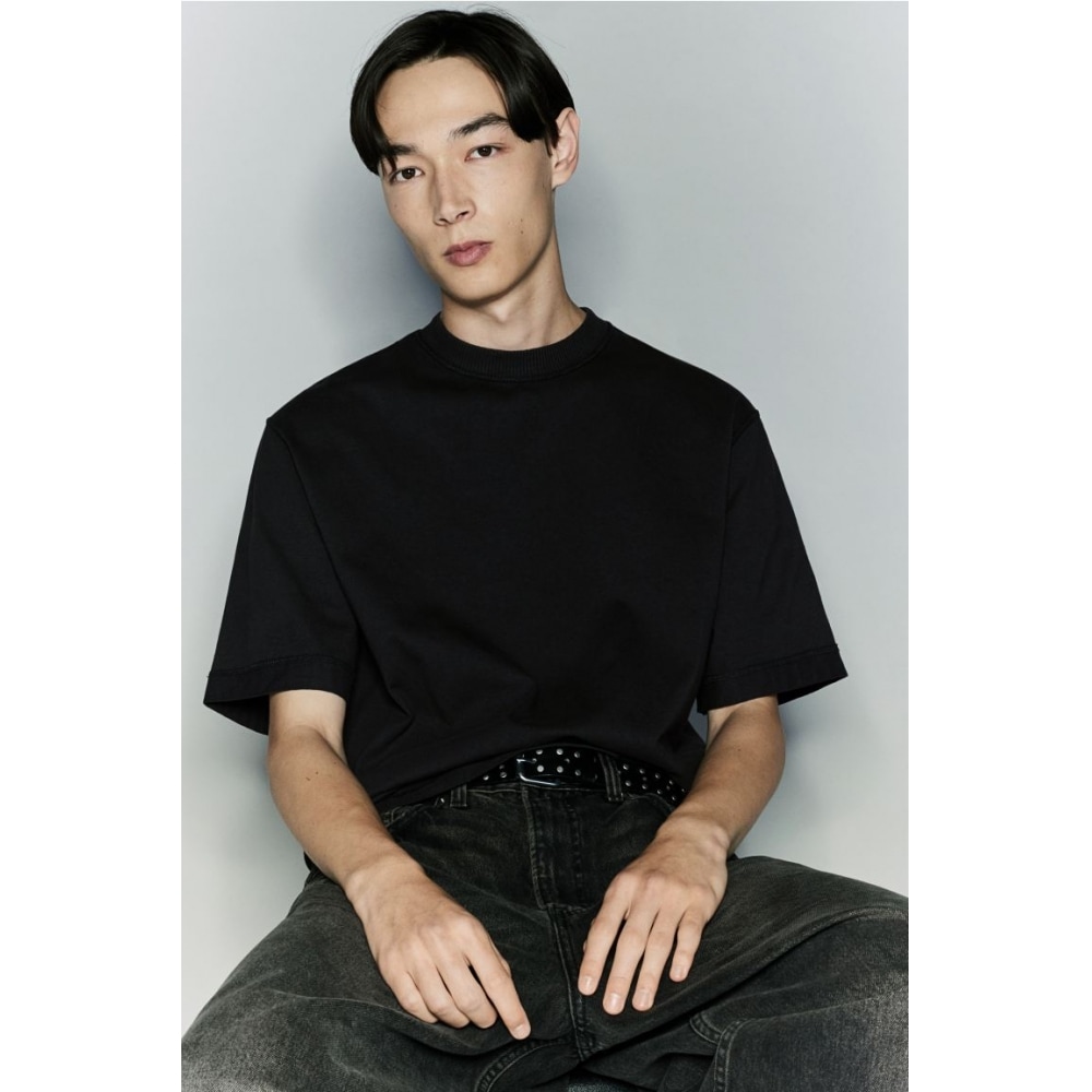 H&M ボクシーフィットウォッシュ T シャツブラック