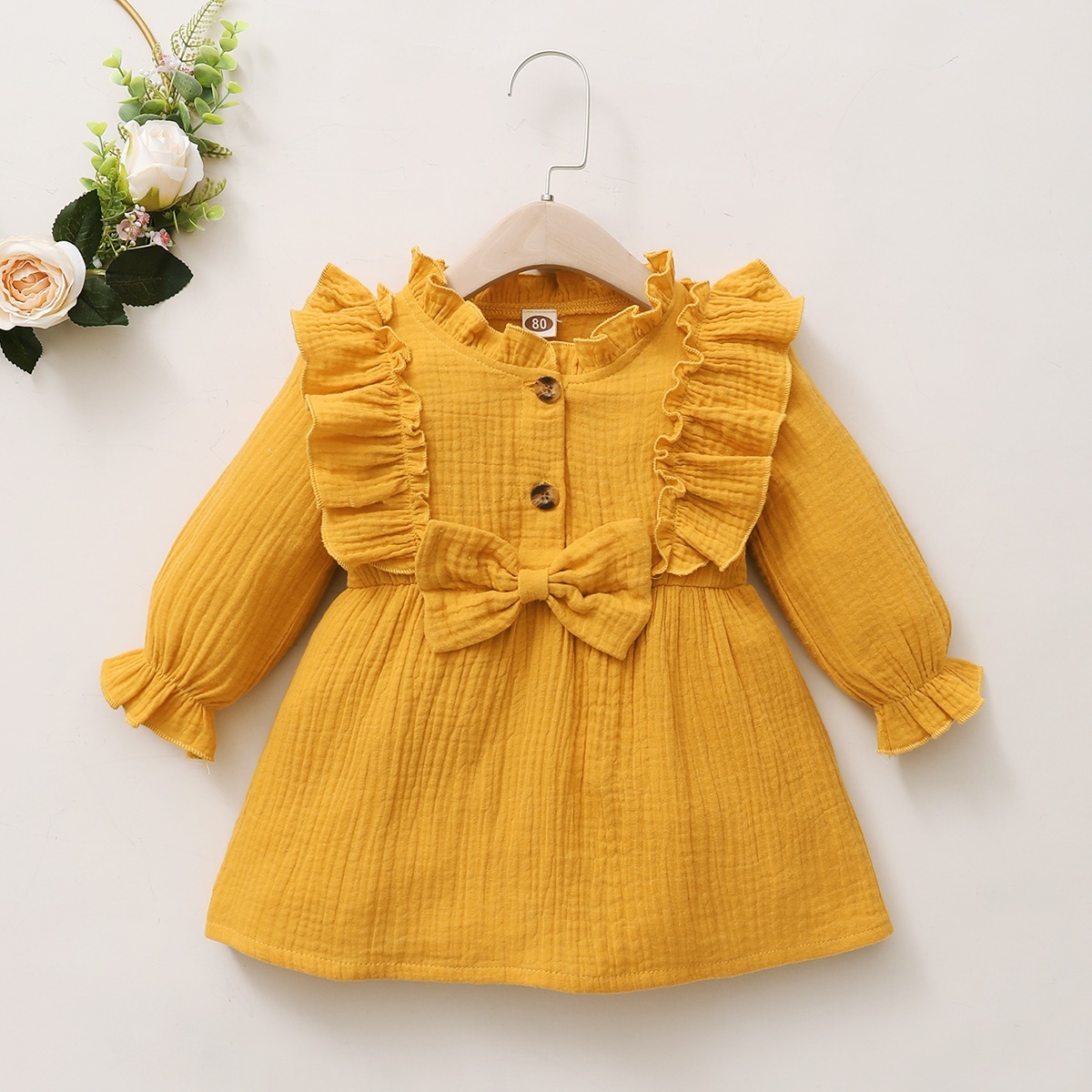 【1つ買うと10つ無料】女の子の春と秋のスタイル2025語の小さい子どもの小さい子供の丸い首のレース長い袖のソリッドカラーコットンンドレス