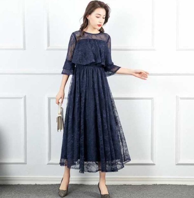 【2025新作入荷】パーティードレス 結婚式 ワンピース フォーマルドレス ドレス レーススリーブ 7分袖 Aライン きれいめ 上品 マキシ丈 クルーネック バッ