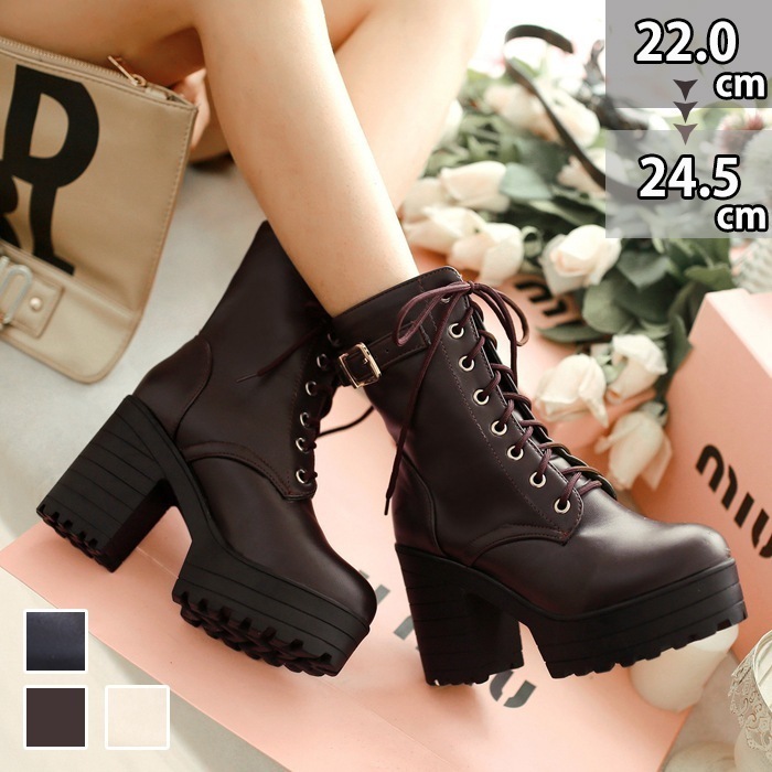 ショートブーツ レディース レースアップブーツ ラウンドトゥ 厚底 10cmヒール 編み上げ ガーリー ショート ブーツ 靴 紐 ベルト ハイヒール 美脚 身長アップ 痛くない 履きやすい 無地 太ヒ
