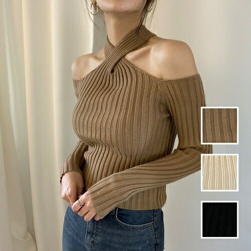ニット セーター 韓国 ファッション レディース 秋 冬 カジュアル コーデ シンプル 定番 セレカジ 20代 30代 40代 2025 ホルターネック クロスデザイン 肌見せ リブ
