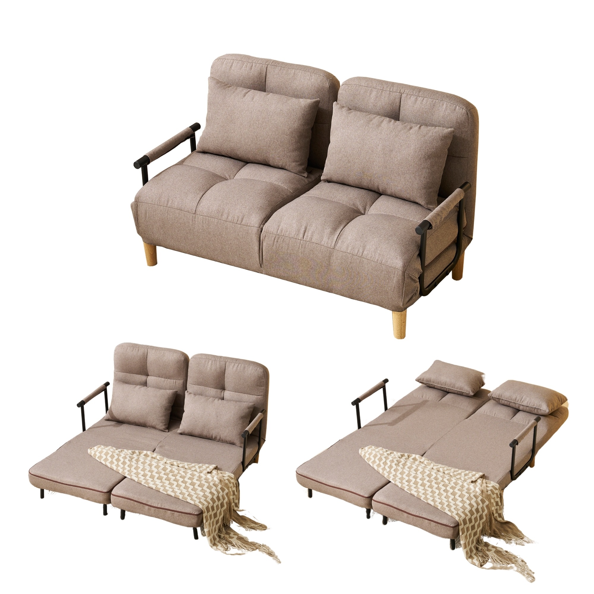 【国内出荷 - 3日配達】ソファベッド 折りたたみ 3WAY ファブリック生地 カウチソファー 肘付き 一人掛け 二人掛け カウチ リクライニング 一人暮らし 組立品 調節可能な背もたれ ふわふわ 6