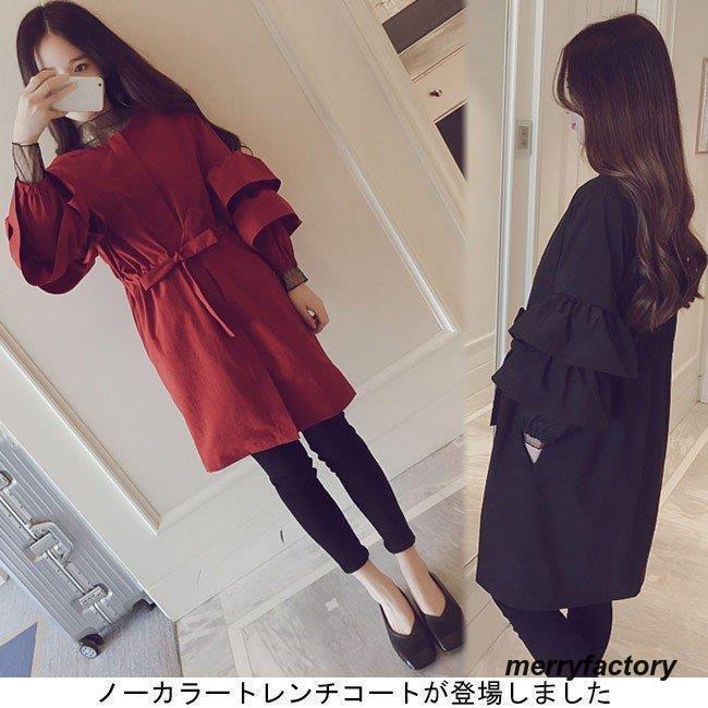 トレンチコート ライトアウター レディース ノーカラー リボン付き アウター 長袖 服 シルエット ギャザー 上品 大人 カジュアル オシャレ