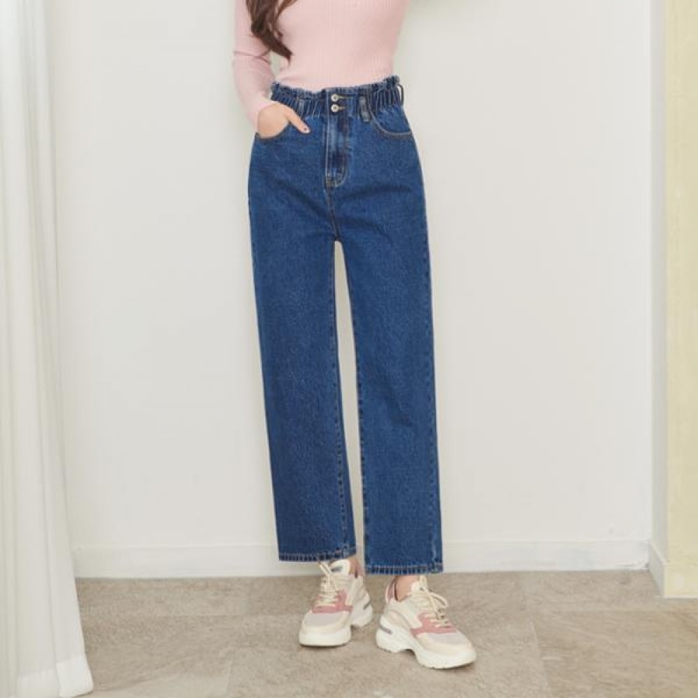 (Jean Mania) ウエストバンディングツーボタンレトロブルーワイドジーンズビッグサイズジーンズデニムパンツロングパンツ 5,319円