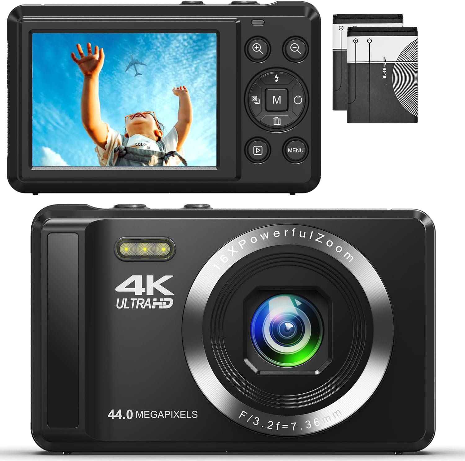 デジカメ4Kデジタルカメラ コンパクトカメラ 30FPS 44MP YouTubeカメラAFオートフォーカス 2.4インチ 充電式 16倍デジタルズーム 初心者向けクリスマスポケットカメラ子供用誕生日