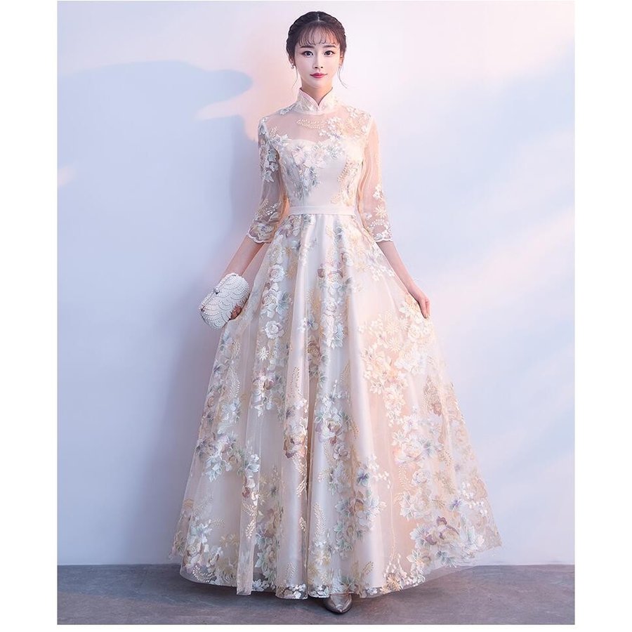 立ち襟 チャイナドレス ウエディングドレス パーティードレス 人気定番 ロングドレス 舞 結婚式 衣装 二次会