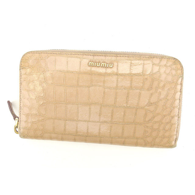 長財布 クロコダイル調 ピンクベージュ×ゴールド レディース 中古