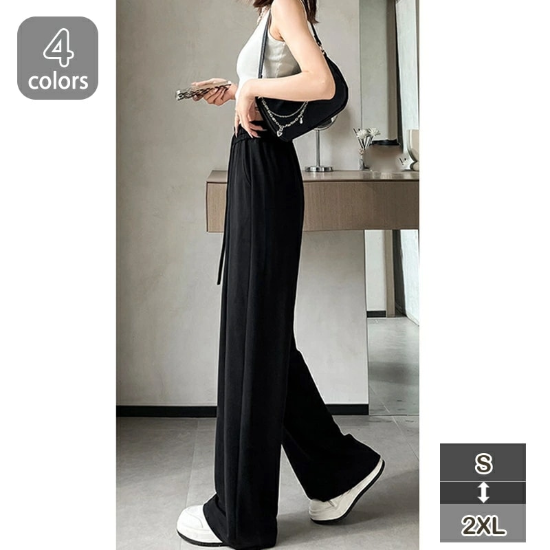 イージーパンツ レディース ガウチョ ボトムス 通気性 薄手 ウエストゴム ハイウエスト 脚長効果 長め パンツ 春 夏 美脚 ストレートパンツ ワイドパンツ おしゃれ サマーパンツ きれいめ 大人