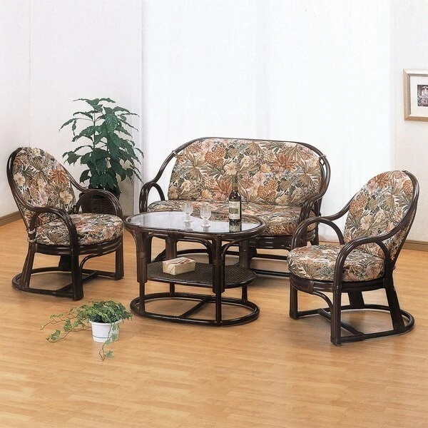 籐 アームチェアソファテーブル リビング4点セット ラタン家具 リビングテーブルセット チェア ソファ 完成品 籐家具 ラブソファー センターテーブル ラブチェア 椅子 アジアン クッション付き