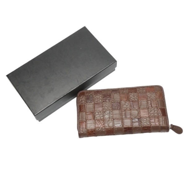 クロコダイルS-541 ワニ革 バッチワーク ラウンドファスナー長財布 ブラウン