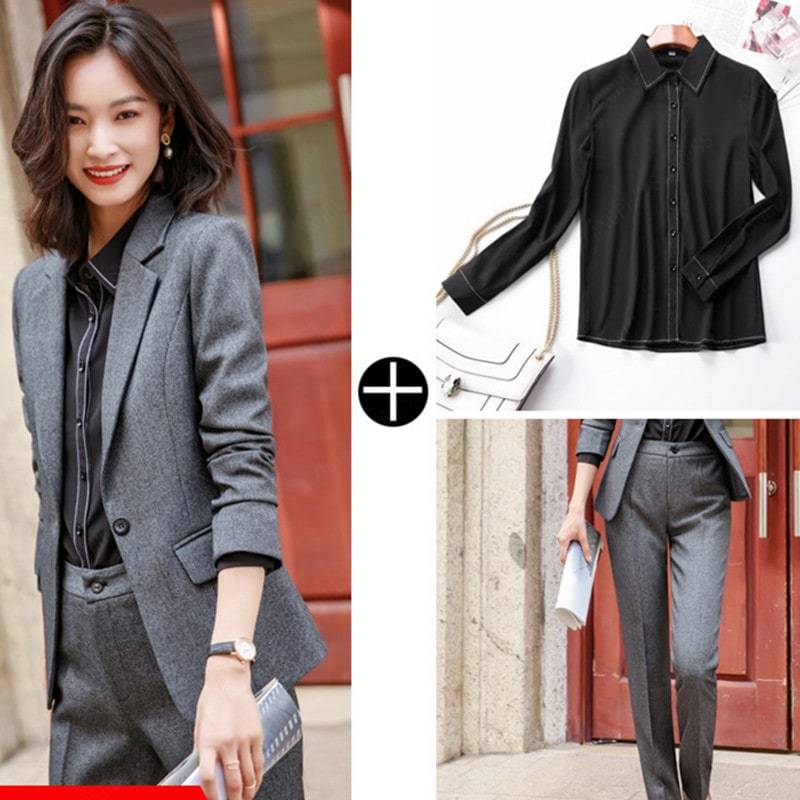 3色S-4XL大きいサイズ春秋冬新金大人レディーキャリアウーマンけいたいシングルバックル正装キャリアウーマン成人ファッション気質エレガント修身OL職業服4点セットスーツズボンシャツベストXZFS05