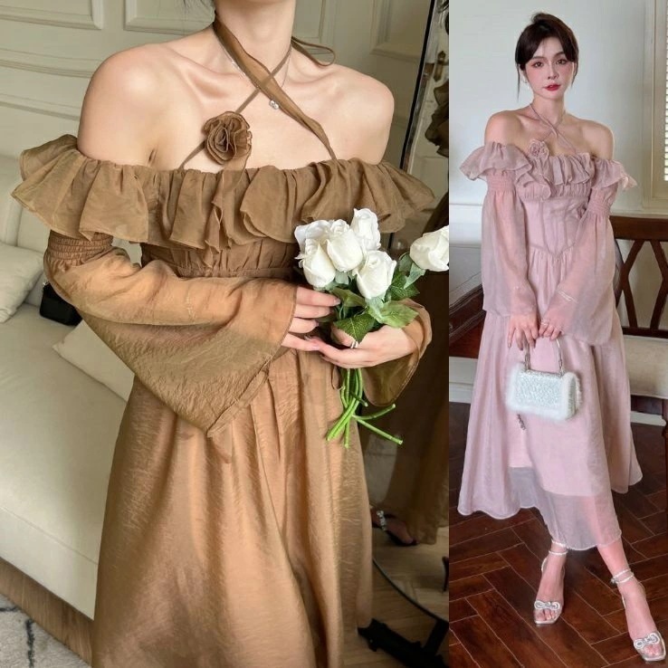 【即納】オフショルダー ワンピース オフショル パーティードレス 韓国 リゾート 夏 ベージュ 茶 レディース ロング シフォン ホルターネック 春 秋 長袖 ロング丈 可愛い フリル Aライン フレ
