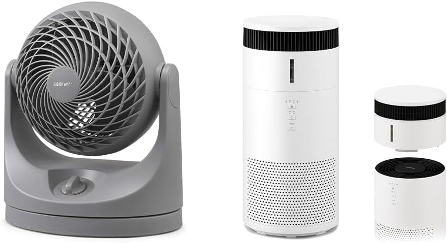 【本体＋加湿空気清浄機セット】アイリスオーヤマ サーキュレーター 静音 8畳 首振り 扇風機 マカロン パワフル送風 コンパクト PCF-MKM15-H グレー+ アイリスオーヤマ 空気清浄機 加湿機