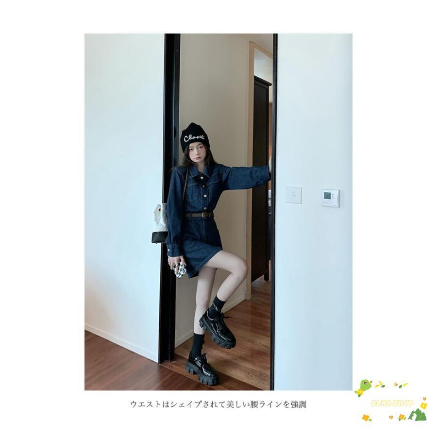 デニムワンピース レディース 長袖ワンピース デニム ショート丈 レトロ 春 ワンピース 秋 ショートワンピ シャツワンピース デニムシャツ