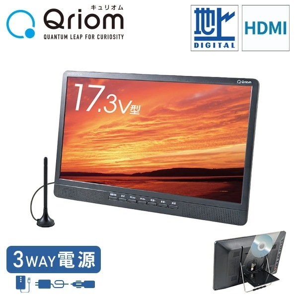 ポータブルテレビ 地上デジタル放送対応 DVDプレーヤー内蔵 17.3インチ 電源3WAY AC DC モバイルバッテリー mini B-CASカード付属 PTV-DVD173C