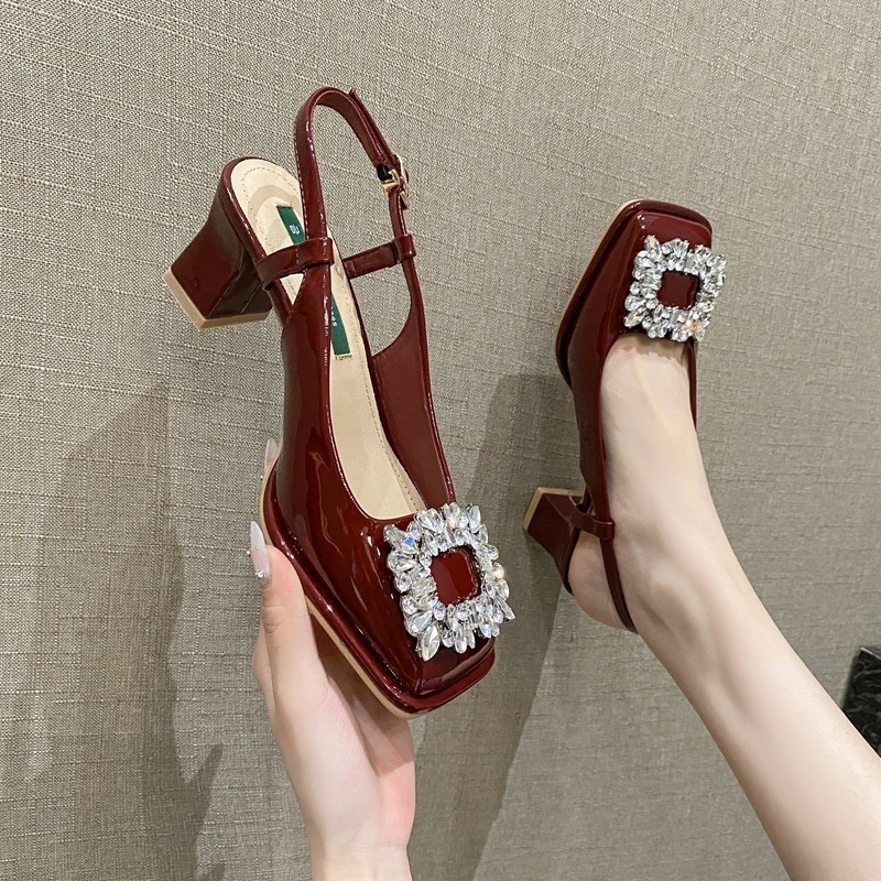 【 3色展開 】ビジューバックル エナメル チャンキーヒール