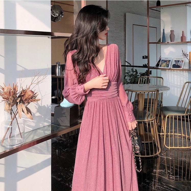 ボリューム袖ワンピース シフォンワンピース Vネックシフォンワンピース フェアリーデザインワンピース スカート ワンピース プルオーバー オールインワン ロングスカート フレアスカート 膝下 ロング