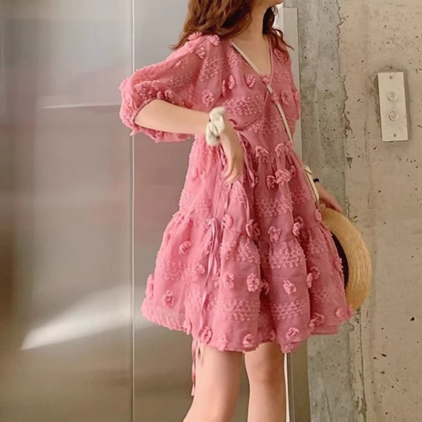 レディース ワンピース フレア ミニ ショート 膝上 5分袖 パフスリーブ Vネック ワイド 裾ワイド フェミニン 薄手 かわいい 大人可愛い こなれ感 個性的 主役級 抜け感 ラブリー キュート