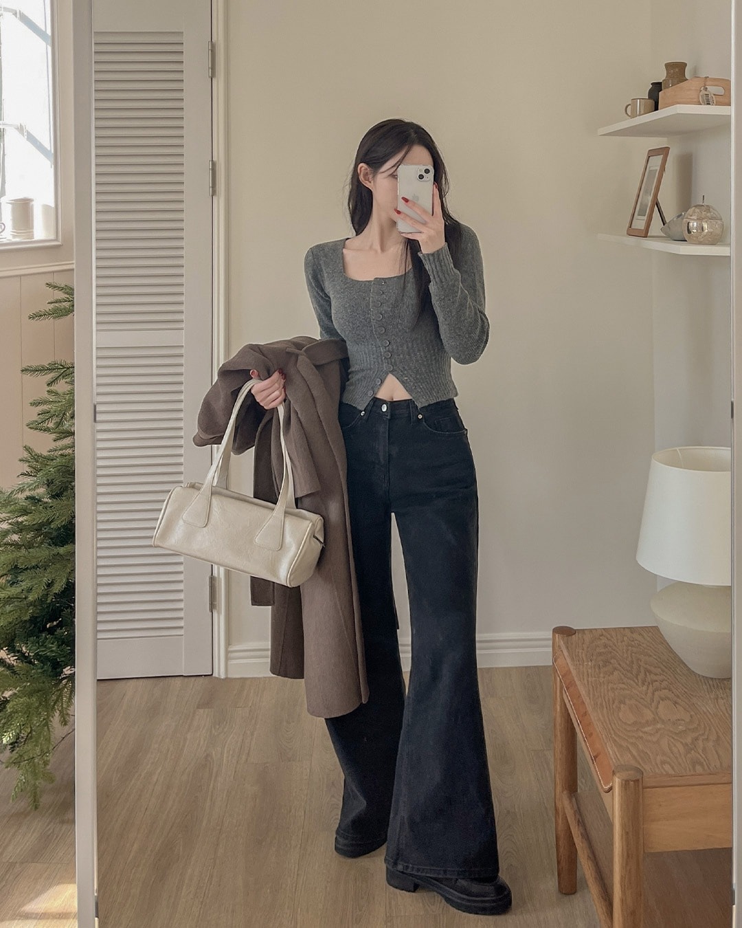 スクエアネックボタン付きニット韓国ファッション レディース