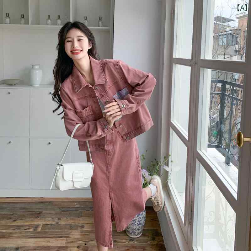 デニム　スタイル　レディース　 レトロ ピンクの デニムスーツ スカート レディース 2025 春秋 カジュアル ワークウェア ショート ジャケット ツーピース スーツ