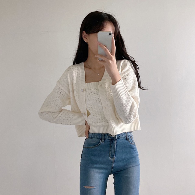 Crop Knit Sleeveless Shirt&Cardigan Set sgd398