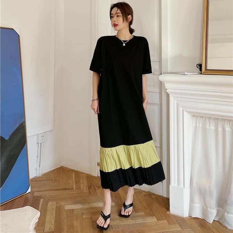 レディース ワンピース プルオーバー ロングスカート 膝下 アンクル丈 丈長 半袖 ラウンドネック 襟なし ワイド ストレート Iライン 切り替え かわいい 大人可愛い シンプル カジュアル おしゃれ